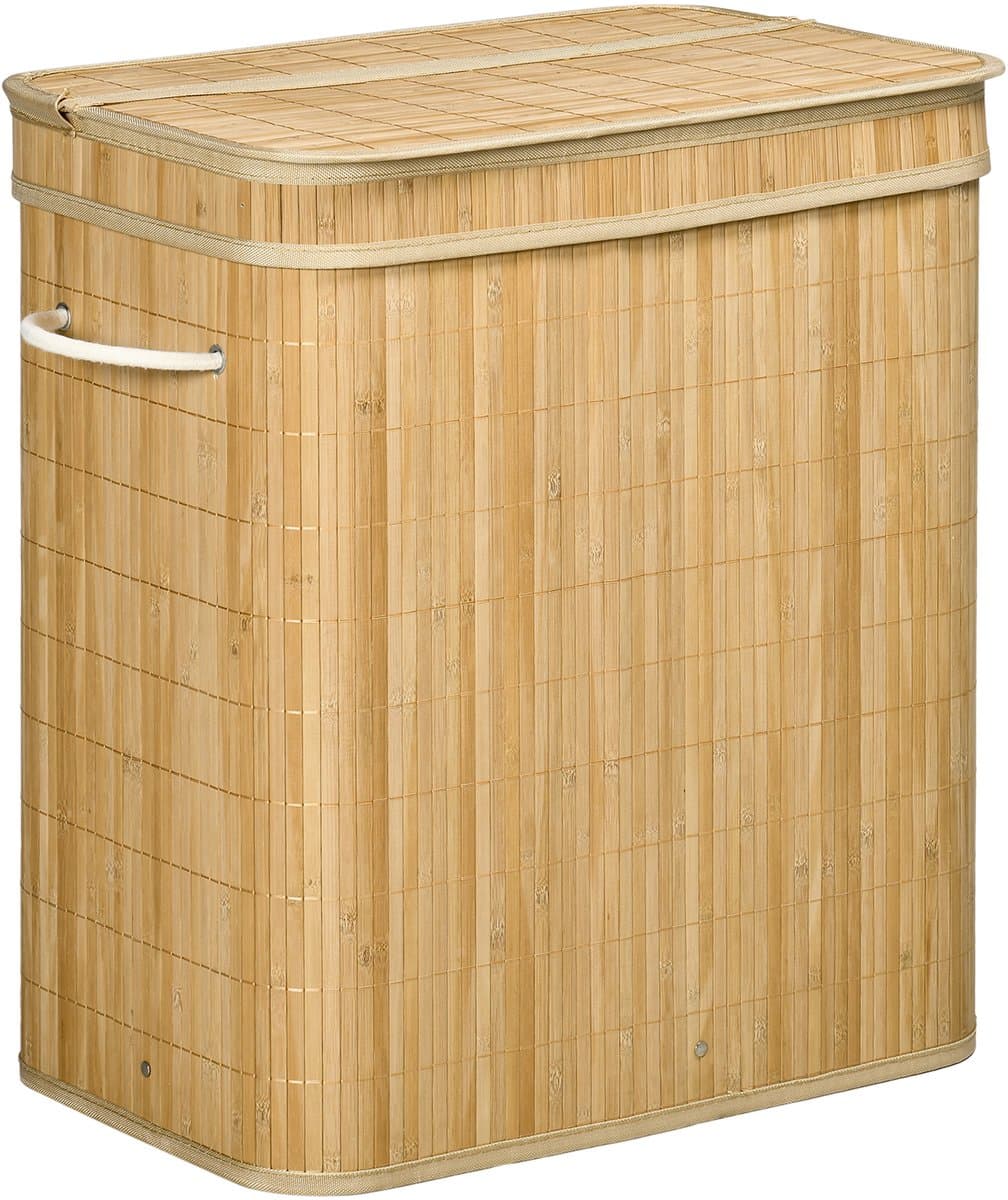 Waskorf - 54,2 x 35,2 x 59,5 cm - 2 Vakken met Verwijderbare Waszak - 90L - Bambus - Wit — afbeelding 1
