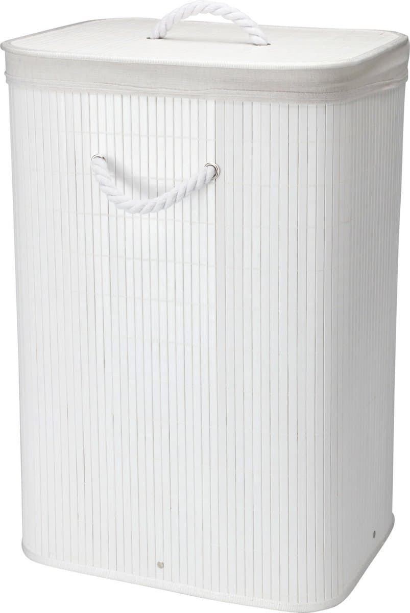 Storage Solutions Wasmand - bamboe hout - met deksel - wit - 40 x 30 x 60 cm - 70 liter - opvouwbaar — afbeelding 1