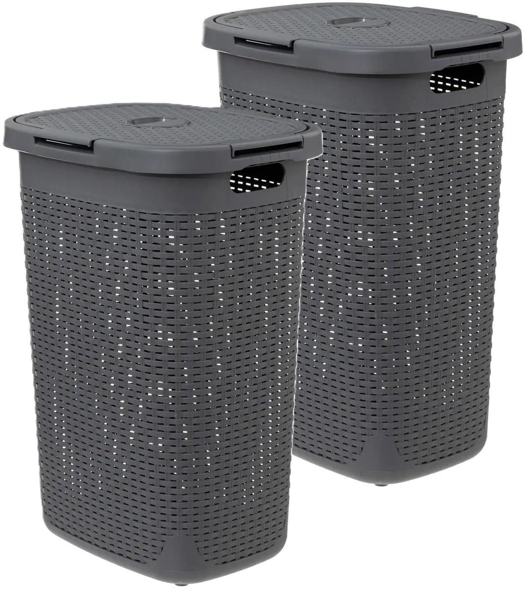 5Five Wasmand met deksel Rotan - 2x - donkergrijs - gevlochten kunststof - 60 liter - 45 x 35 x 66 cm — afbeelding 1
