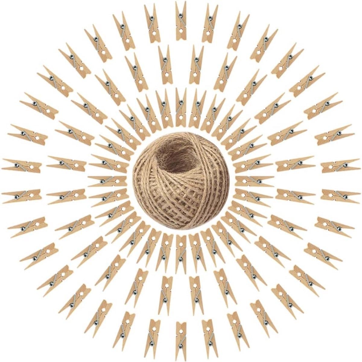 100 Houten Wasknijpers met Jute Koord - Creatieve Fotoclips en Decoratie — afbeelding 1