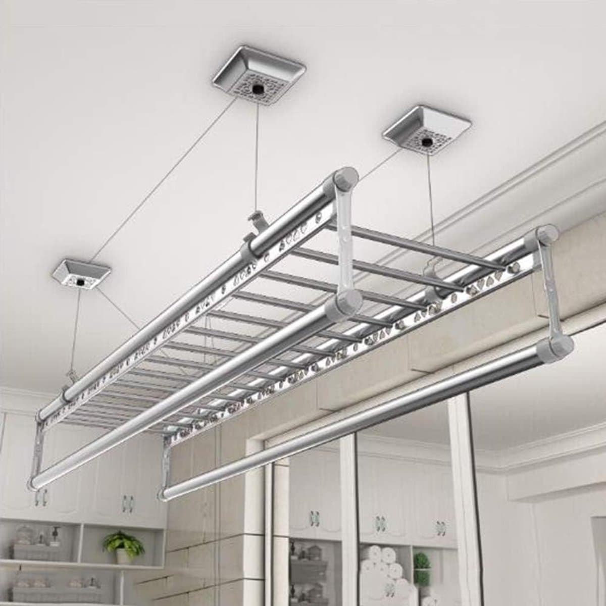 Plafond Droger - Waslijn Systeem - Kleding Drogen - Ruimtebesparend Ontwerp - 150cm 4 Stangen - Zilver — afbeelding 1