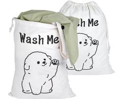 Dailygoods- Waszak 50 x 60 cm - Waszakken 2 stuks - Waszak met hondenontwerp - Opbergzakken voor wasgoed - Katoenen waszakken - Duurzaam en robuust - Wasmand