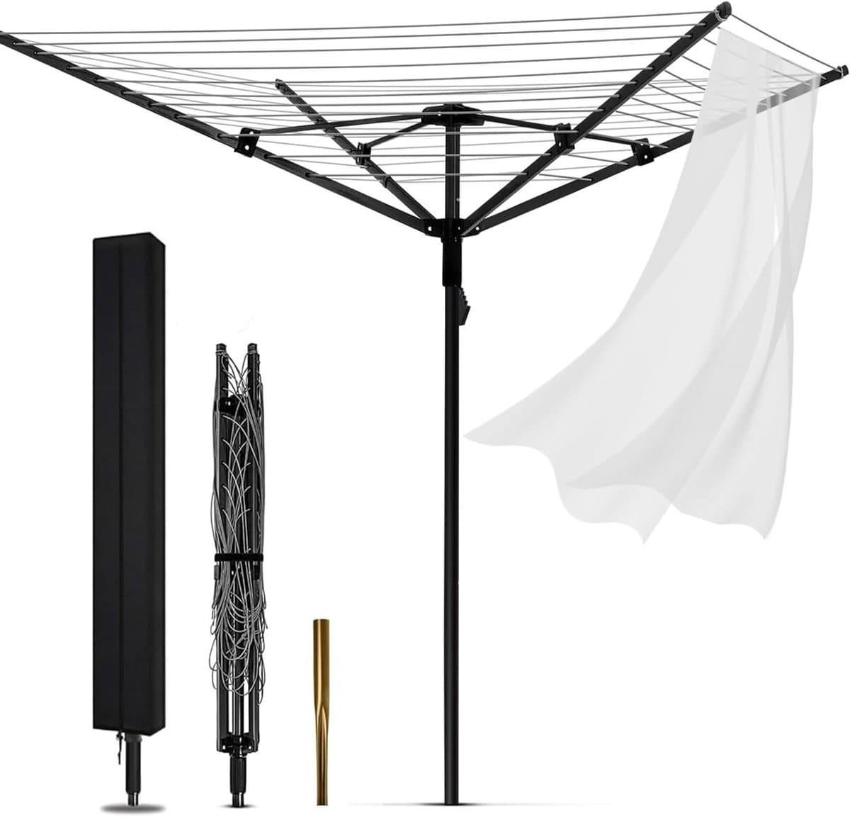 Vouwbare 4 Arm 50m Droogtoren - Verstelbare Kledingdroger met Deksel en Waslijn Spike voor Buiten in de Tuin, Ideaal voor Droog Kleding en Handdoeken — afbeelding 1