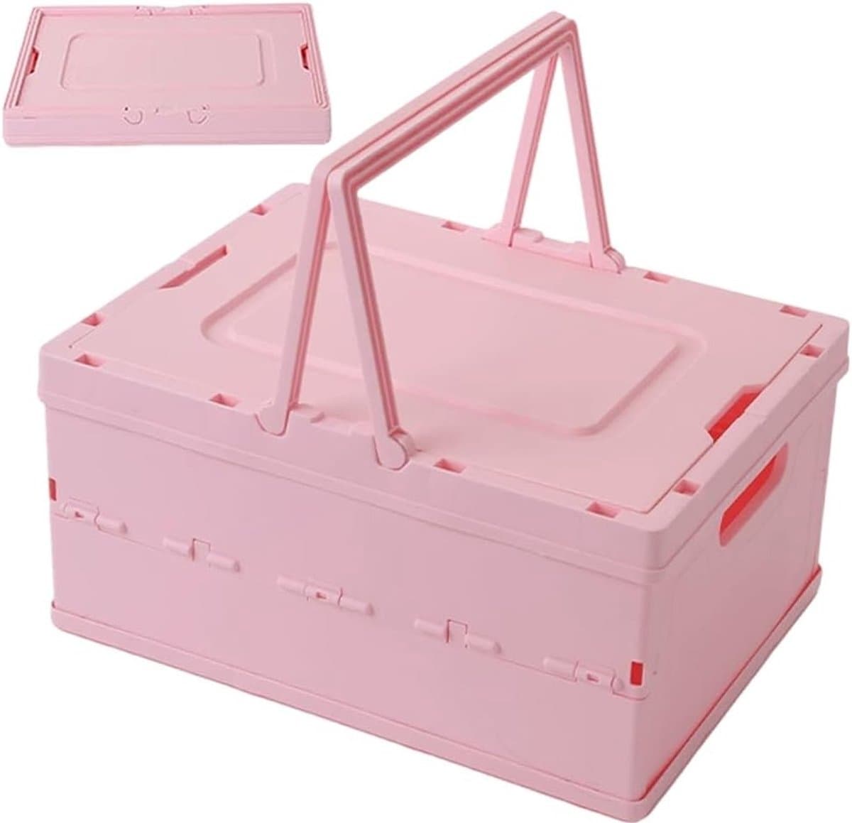 Grote Vouwbare Opbergmand met Handvat en Deksel voor Kasten, Boekenkasten en Badkamer - 30 x 21 x 16.5 cm (Roze) — afbeelding 1