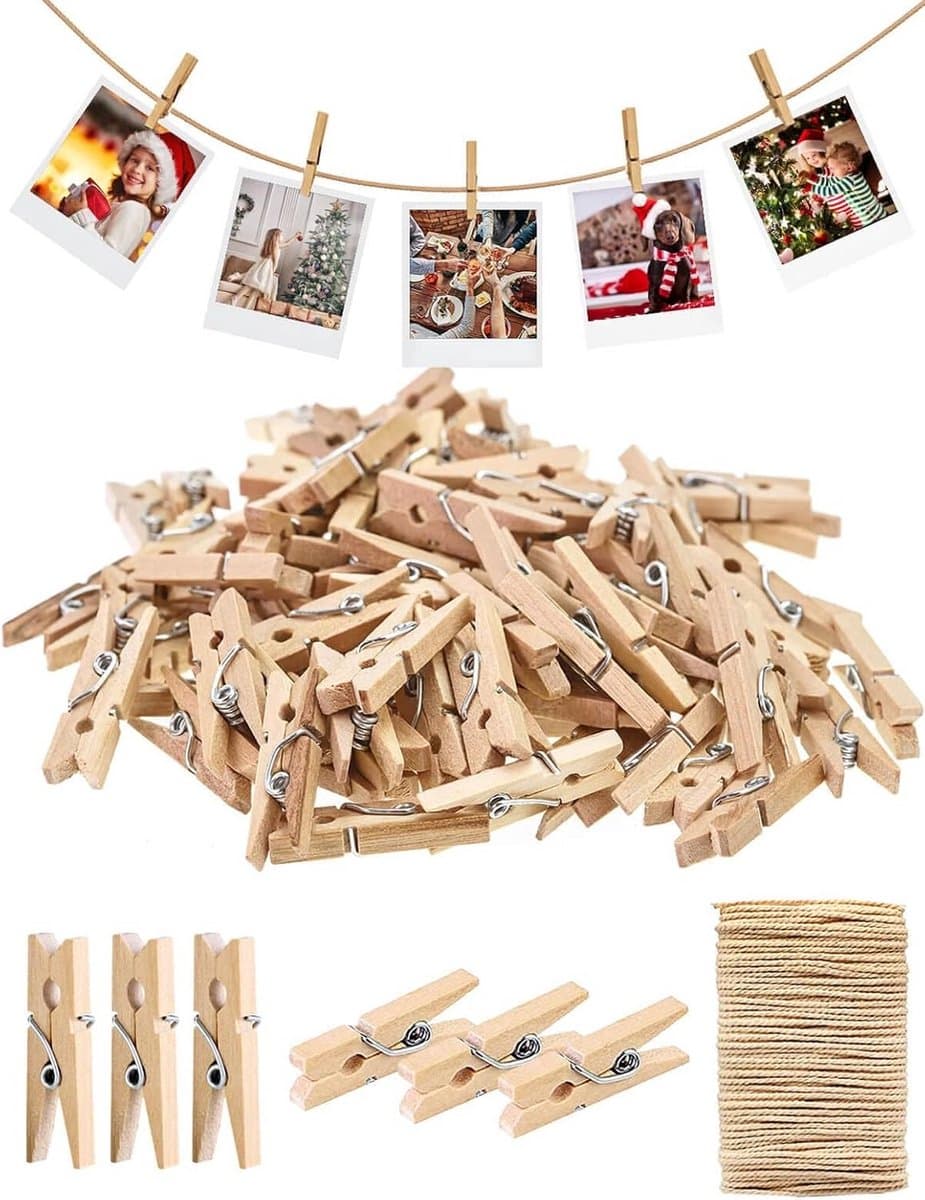 150x Houten Mini Wasknijpers met Jute Touw - Kleine Clips voor Foto's, Decoratie en Knutselen — afbeelding 1