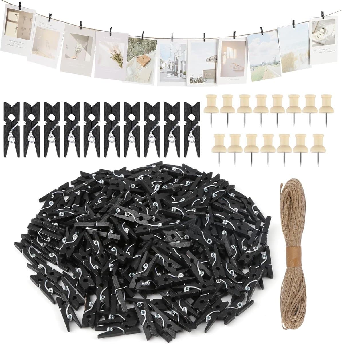 Pack van 200 Houten Klemmen - Kleine Zwarte Natuurlijke Kledingklemmen - Hout met 20 m Jute Touw en 15 Foto Naalden - Mini Wasknijpers voor Foto's - Foto Wand - Postkaarten - Brieven — afbeelding 1