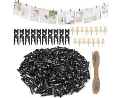 Pack van 200 Houten Klemmen - Kleine Zwarte Natuurlijke Kledingklemmen - Hout met 20 m Jute Touw en 15 Foto Naalden - Mini Wasknijpers voor Foto's - Foto Wand - Postkaarten - Brieven