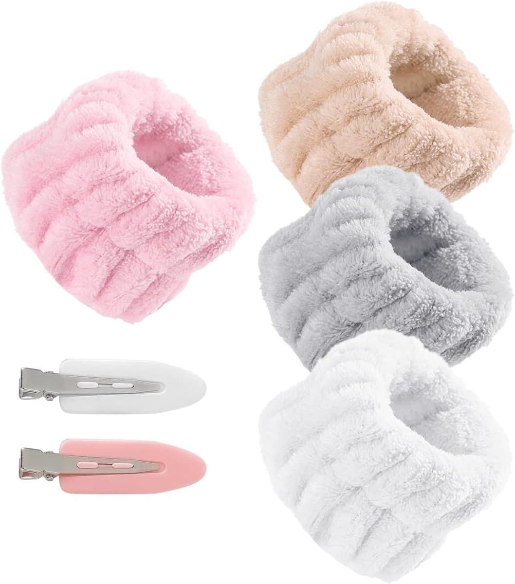 Allecto Plus - Set van 4 Flanel Reinigingsdoekjes voor Gezichtsverzorging met Haarbandjes en Clips - 4 Kleuren — afbeelding 1