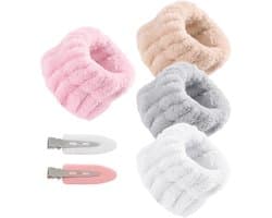 Allecto Plus - Set van 4 Flanel Reinigingsdoekjes voor Gezichtsverzorging met Haarbandjes en Clips - 4 Kleuren