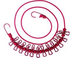 Draagbare Kledinglijn - Reiskledinglijn Waslijn - Kleding Drogen - Met 12 Verplaatsbare Klemmen - 4 Meter - Rood
