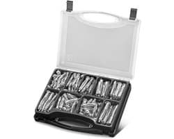 Metalen holtepluggen 141-delige set M4 x 32 | M4 x 38 | M4 x 46 | M5 x 37 | M5 x 52 | M5 x 65 | M6 x 37 | M6 x 52 | M6 x 65 Metalen pluggen met voorgemonteerde schroeven voor