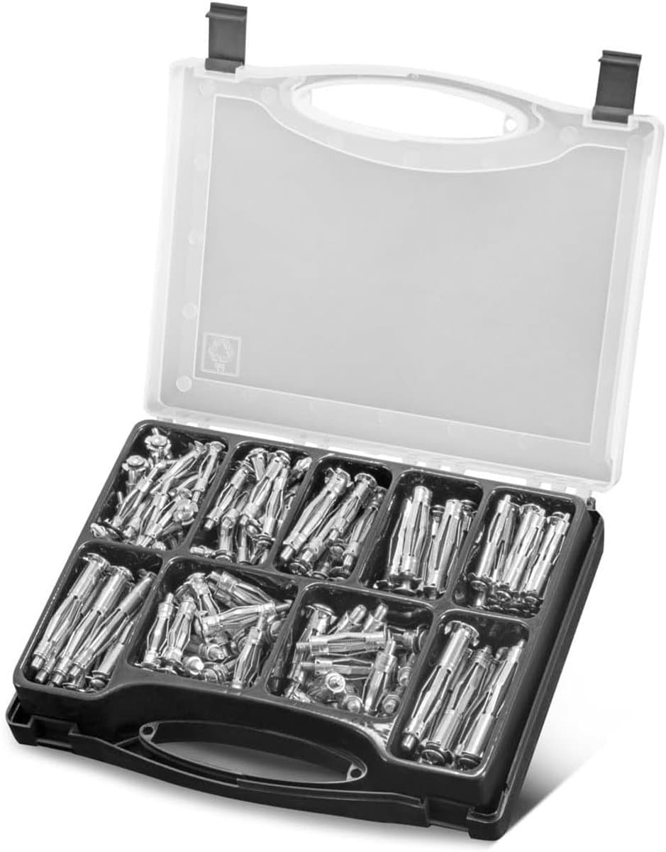 Metalen holtepluggen 141-delige set M4 x 32 | M4 x 38 | M4 x 46 | M5 x 37 | M5 x 52 | M5 x 65 | M6 x 37 | M6 x 52 | M6 x 65 Metalen pluggen met voorgemonteerde schroeven voor — afbeelding 1