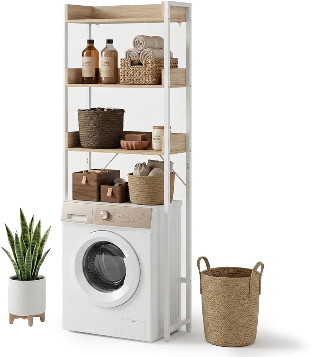 Wasmachine-rek - bruin-wit - 63x166,5x25 cm - met opbergruimte — afbeelding 1