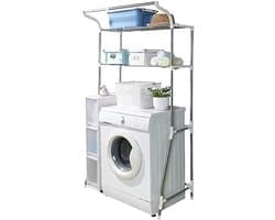 Opbergplank Boven de Wasmachine Toilet Opbergrek 2 Planken Badkamer Ruimtebespaarder Wasruimte Organizer met Ophangstang, Eenvoudige Montage, Verstelbare (62-101) x 173 x 48 cm, Ivoor
