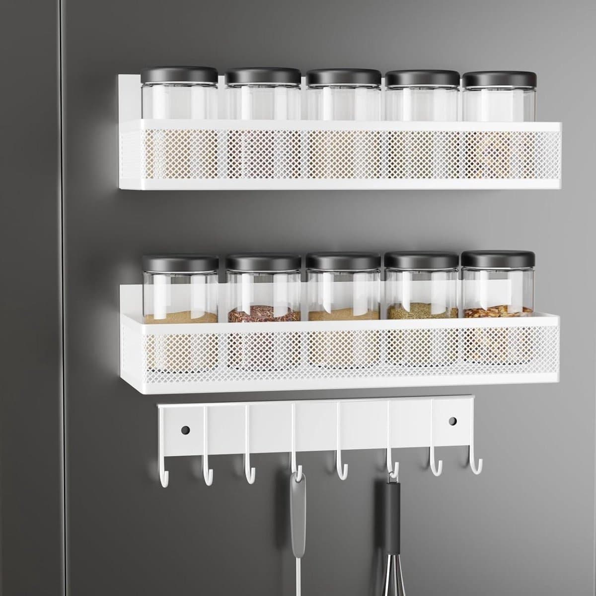 Koelkast kruidenrek organizer met gebruiksvoorwerphouder - 3 niveaus magnetisch kruidenrek - wandgemonteerde magnetische plank voor keukenkruiden - flessen opslag Wasmachine rek — afbeelding 1