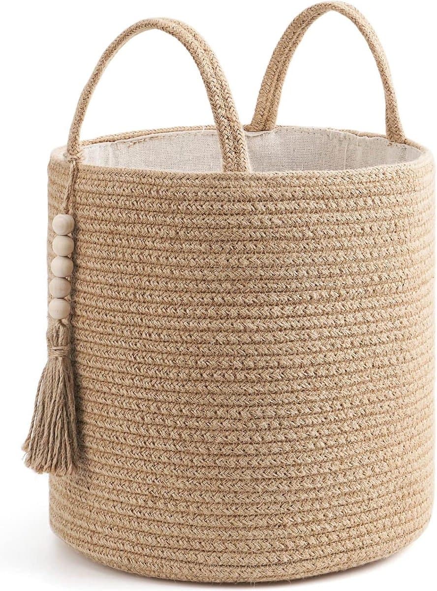 Geweven opbergmand - natuurlijke touwmand met houten kralen - voor dekens en speelgoed - woondecoratie - plantenorganizer met handgrepen — afbeelding 1