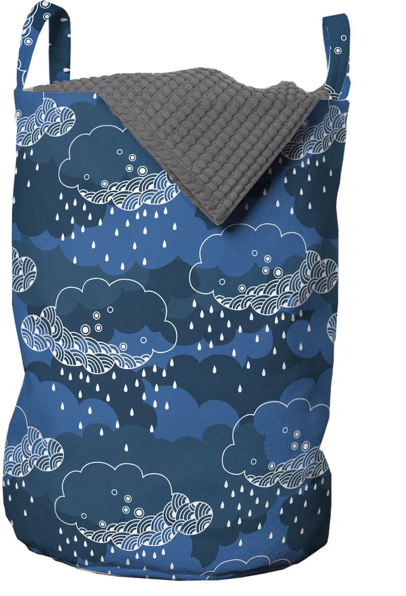 ABAKUHAUS blauw-witte waszak, regenwolken-grafica, wasmand met handvatten en trekkoord voor wasserettes, blauw donkerblauw — afbeelding 1