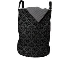 ABAKUHAUS donkergrijze waszak, zwarte damastbloemen, wasmand met handvatten en trekkoord voor wasserettes, Black Grey