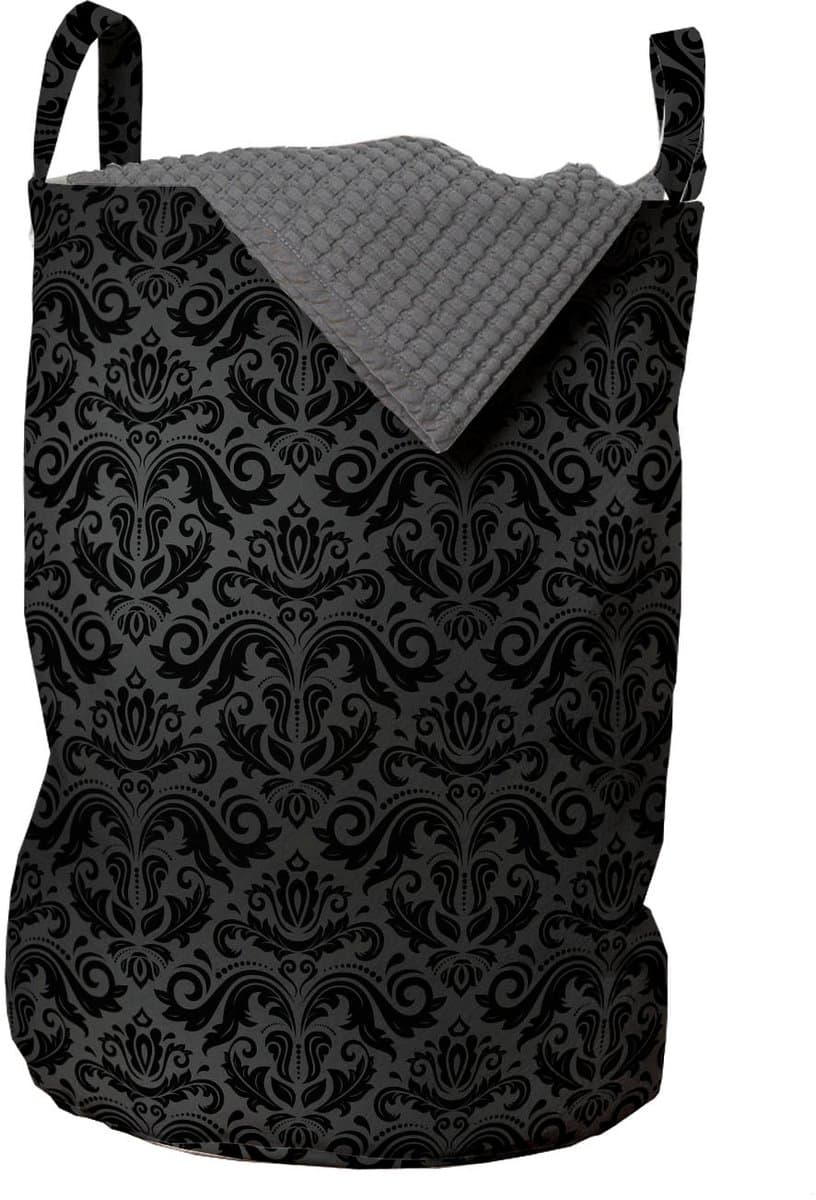 ABAKUHAUS donkergrijze waszak, zwarte damastbloemen, wasmand met handvatten en trekkoord voor wasserettes, Black Grey — afbeelding 1