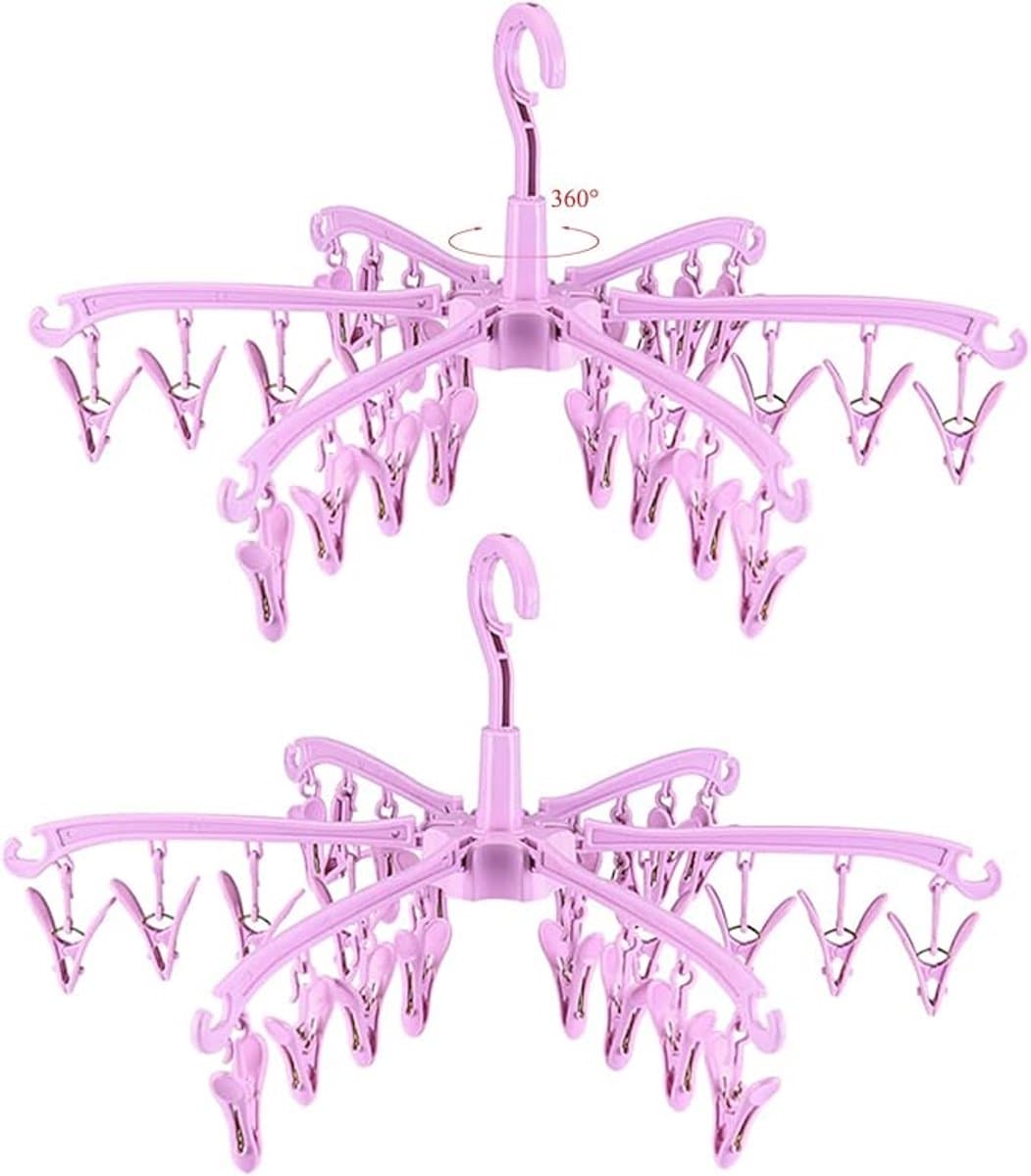 Set van 2 opvouwbare droogrekken met 24 knijpers voor het drogen van sokken, lingerie, babykleding, handdoeken, roterend drogen, roze — afbeelding 1