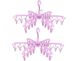 Set van 2 opvouwbare droogrekken met 24 knijpers voor het drogen van sokken, lingerie, babykleding, handdoeken, roterend drogen, roze