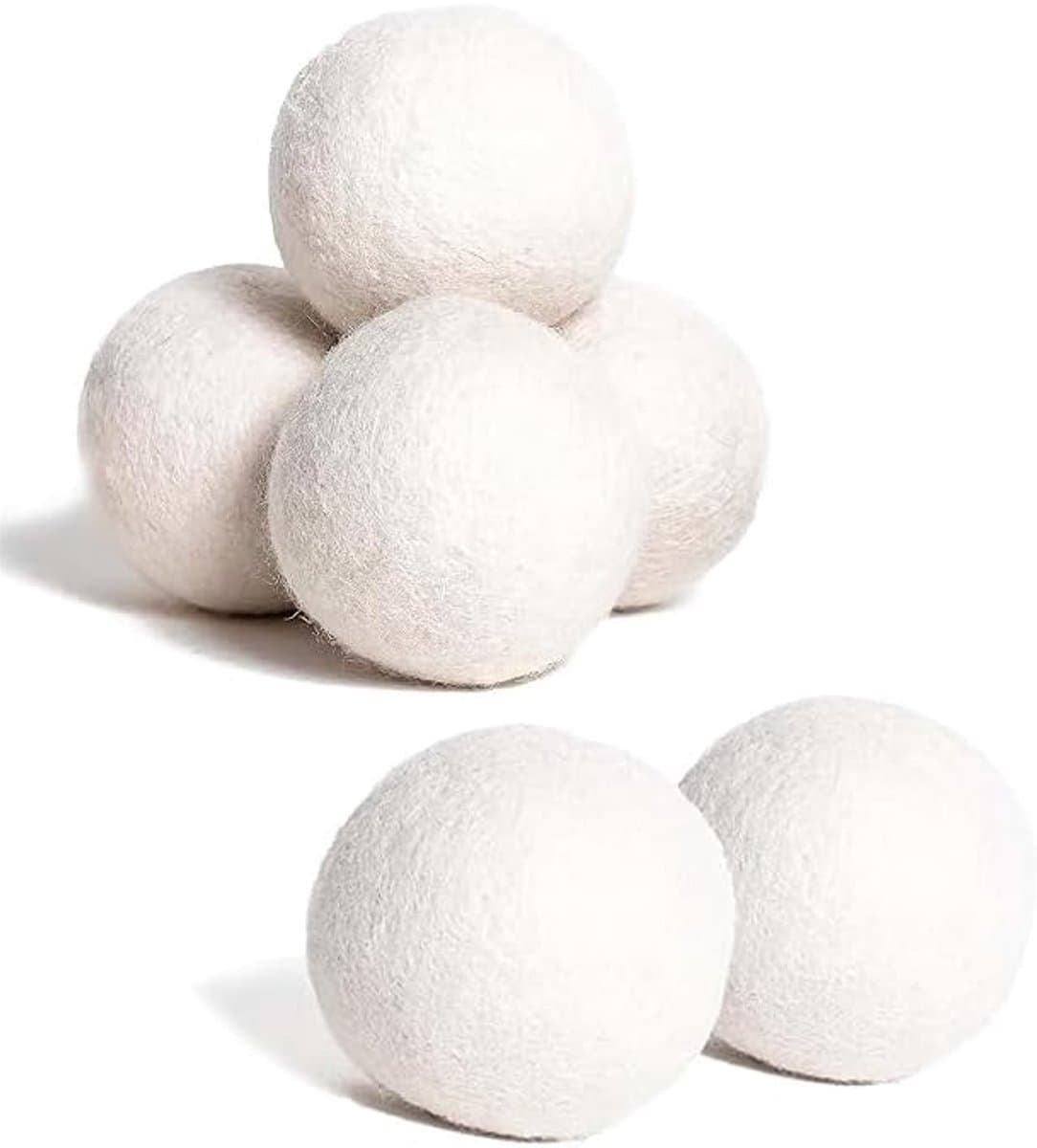 Een set van 6 herbruikbare wollen droogballen, pluisvrij, geschikt voor het drogen van kleding, dierenharen en kledingpluisjes. — afbeelding 1