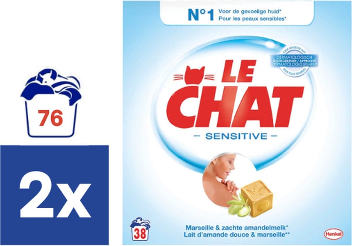 Le Chat Sensitive Marseillezeep Waspoeder - 2 x 2.4 kg (76 Wasbeurten) — afbeelding 1