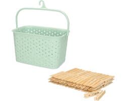 Wasknijpersmandje met ophanghaak - mintgroen - en 60x houten wasknijpers 7 cm - was ophangen — afbeelding 1