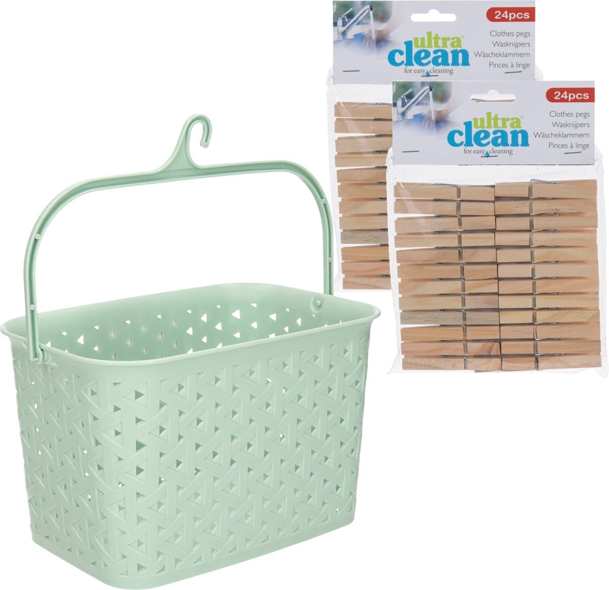 Wasknijpersmandje met ophanghaak - mintgroen - en 48x houten wasknijpers 7 cm - was ophangen — afbeelding 1