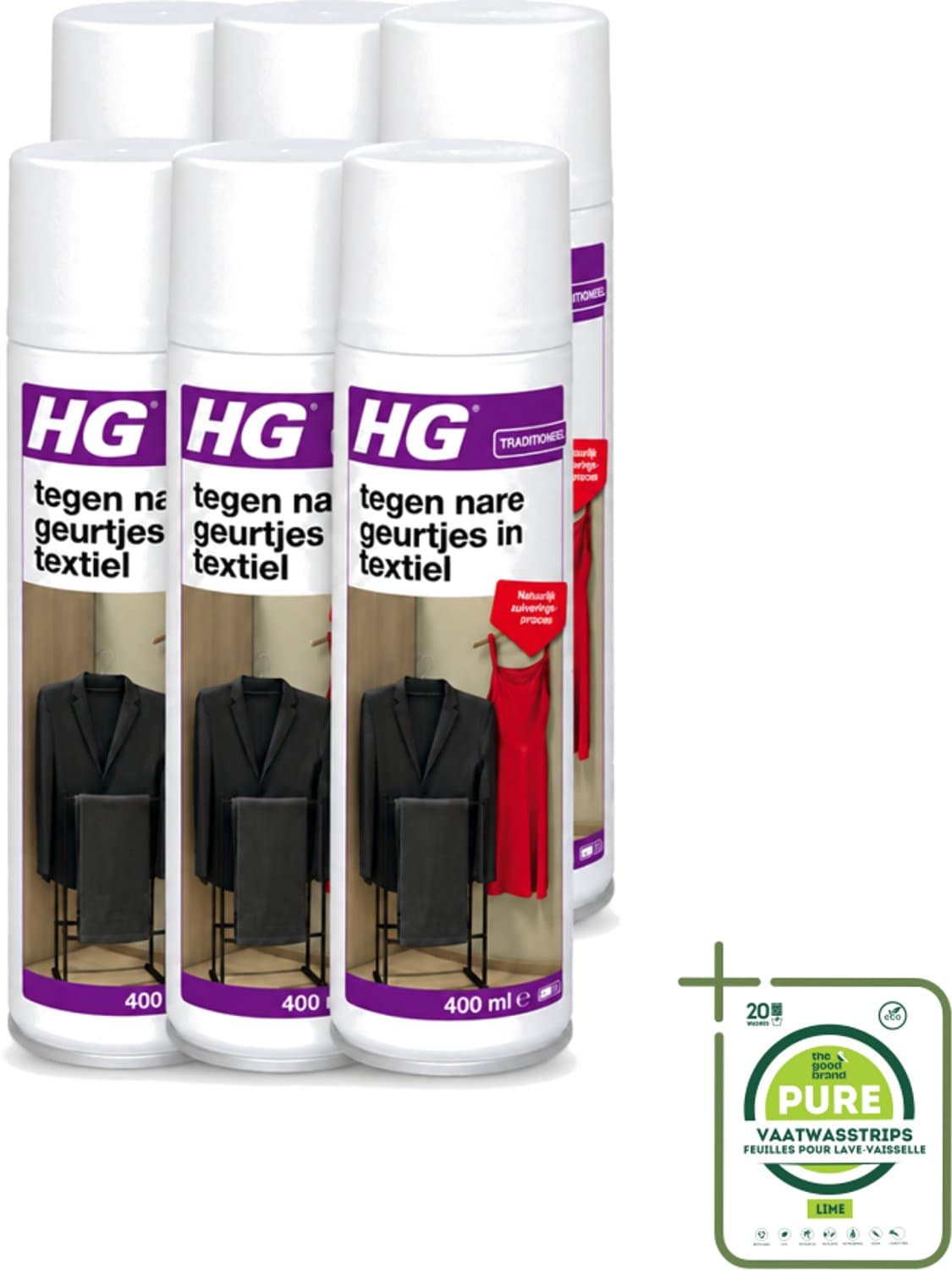6 x HG - Tegen Nare Geurtjes In Textiel - Natuurlijk Zuiveringsproces - Veilig Voor Alle Textiel - 400 ml - Grootverpakking - Vaatwasstrips - Geurverwijdering Textiel - Stankmoleculen Oplossen - Textiel Reinigen - Geur In Kleding - Geur In Gordijnen — afbeelding 1