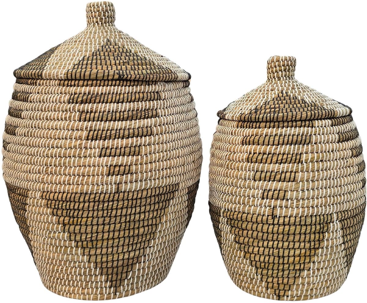 Wasmand met deksel – zeegras – set van 2 – 30 en 60 l – naturel zwart wit — afbeelding 1