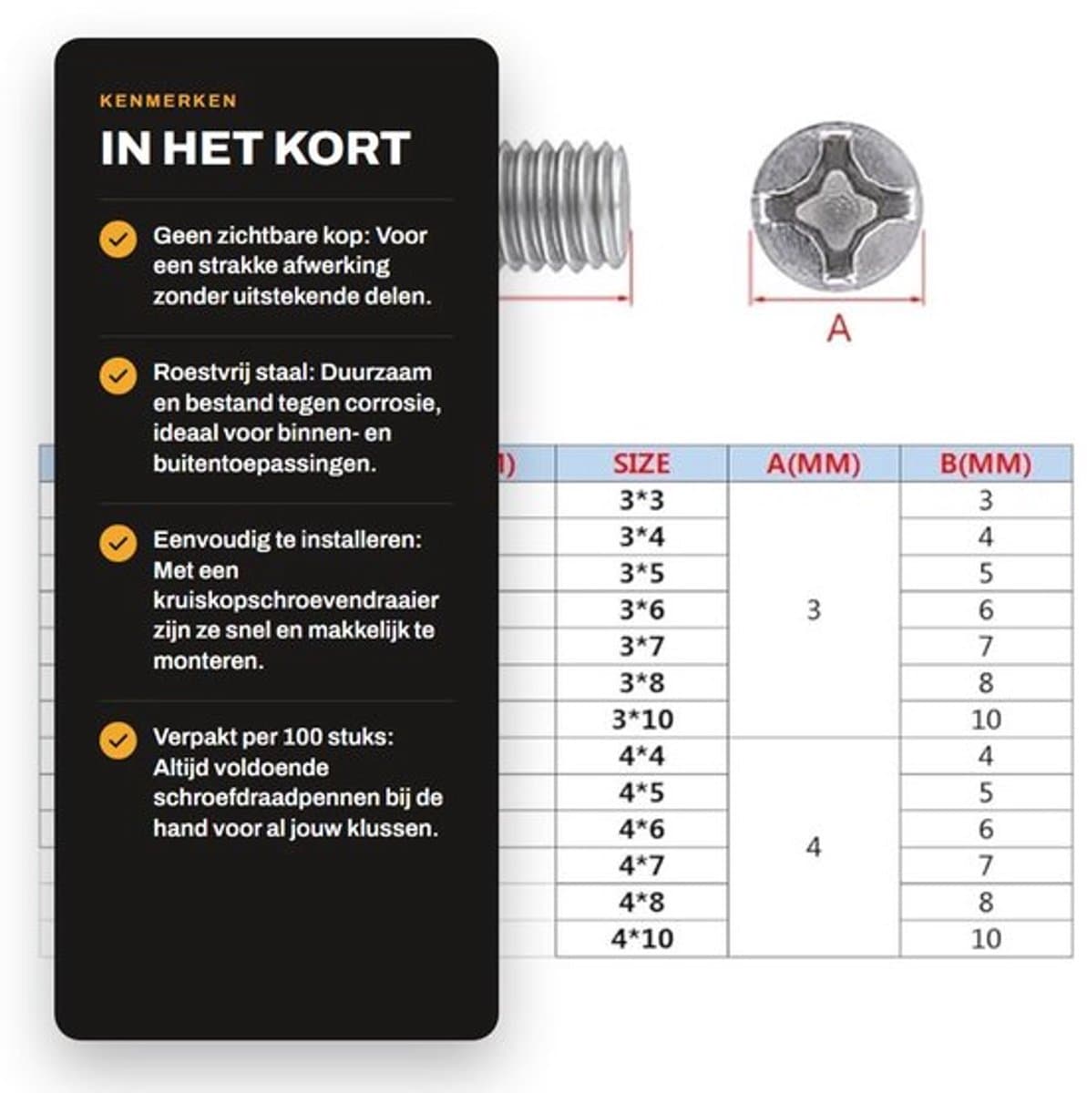 Allecto - Cup punt schroefdraadpennen - M2 x 10 mm - 100 stuks - Roestvrij staal — afbeelding 1