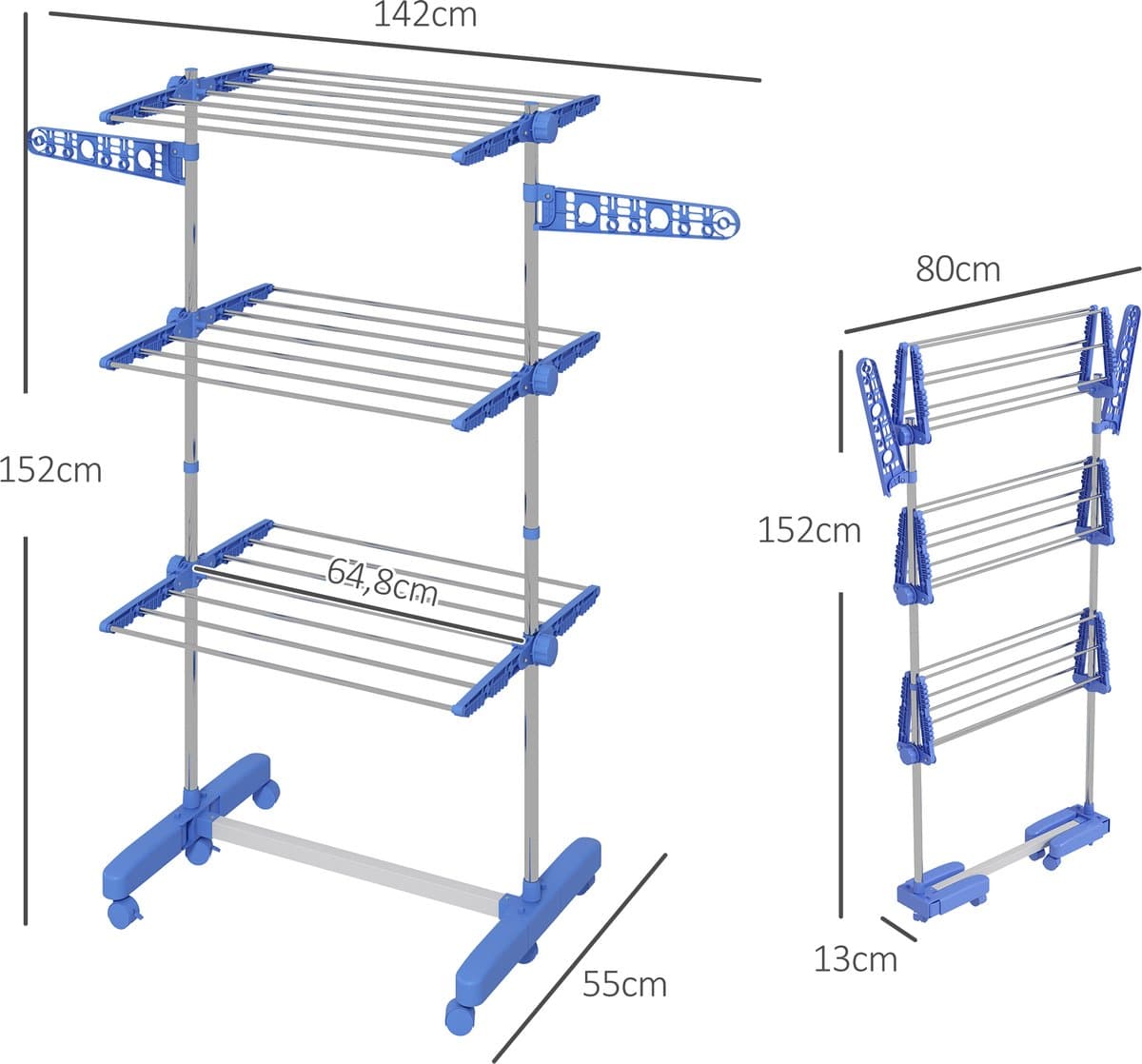 MIVRAY Droogtoren – Inklapbaar En Met 6 Wielen – 142 x 80 x 152 cm – Staal – Blauw – Voor Binnengebruik Met Verstelbare Zijstangen — afbeelding 1
