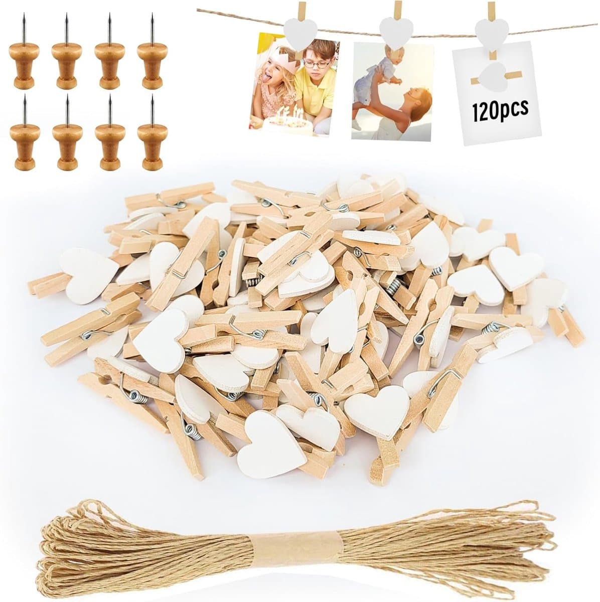 Wasknijpers, 120 Stuks, Kleine Hartjes, Mini-Wasknijpers, Bruiloft, Kleine Houten Knijpers Voor Polaroid Foto'S, Met 10 M Jute Koord, Doe-Het-Zelf Voor Fotowand, Display, Feest (Wit) — afbeelding 1