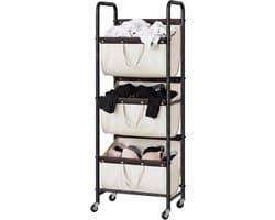 SAYS Wasmand met 3 Vakken, Wasmand op Wieltjes, Organisatie en Opbergruimte voor de Wasruimte, Waskar met 3 Vakken op Wieltjes voor Studentenkamers, Badkamers, Slaapkamers en Kasten, Beige