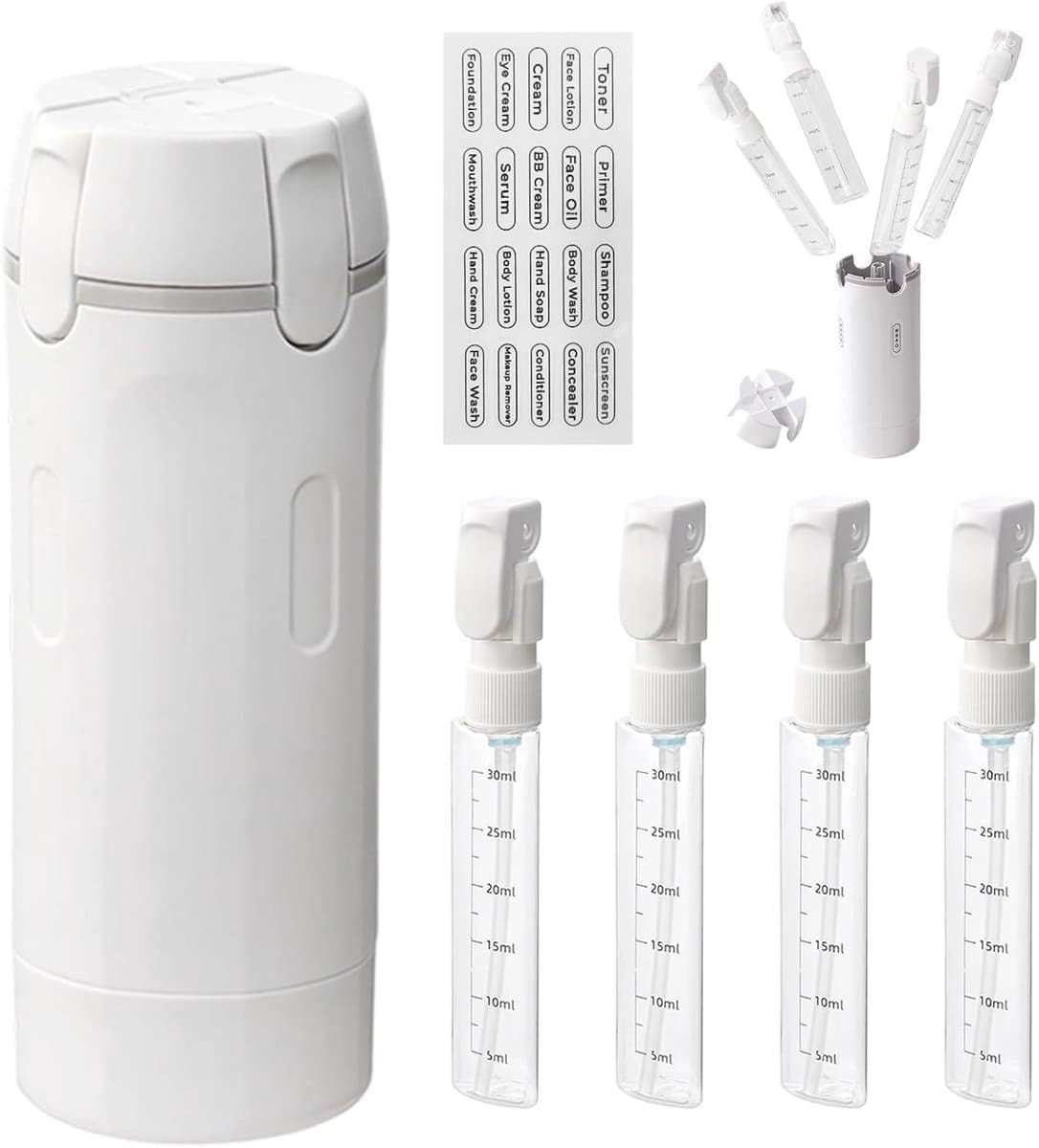 4-in-1 reisdispenserfles, reisset, vloeistofreservoirset, navulbaar, lekvrij, wit, herbruikbaar en navulbaar, draagbaar, voor shampoo, lotion en douchegel in reisformaat — afbeelding 1