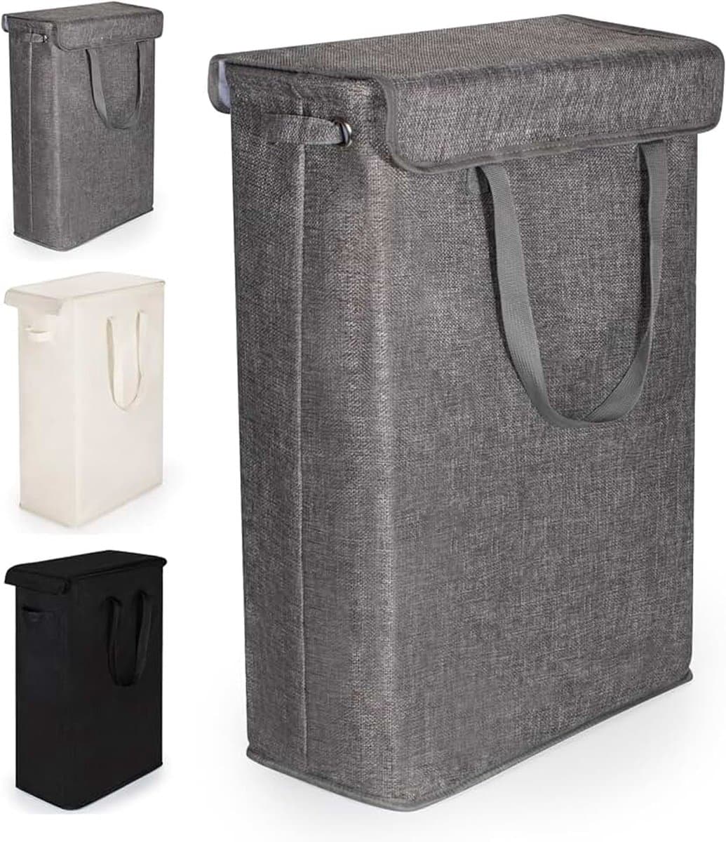 Wasmand met Deksel 46L Wasverzamelaar met Lange Handgreep Opvouwbare Dunne Wasmachine Multifunctioneel Opbergmand, Afneembare Deksel, Voor Wasruimte, Slaapkamer, Badkamer (Grijs) — afbeelding 1