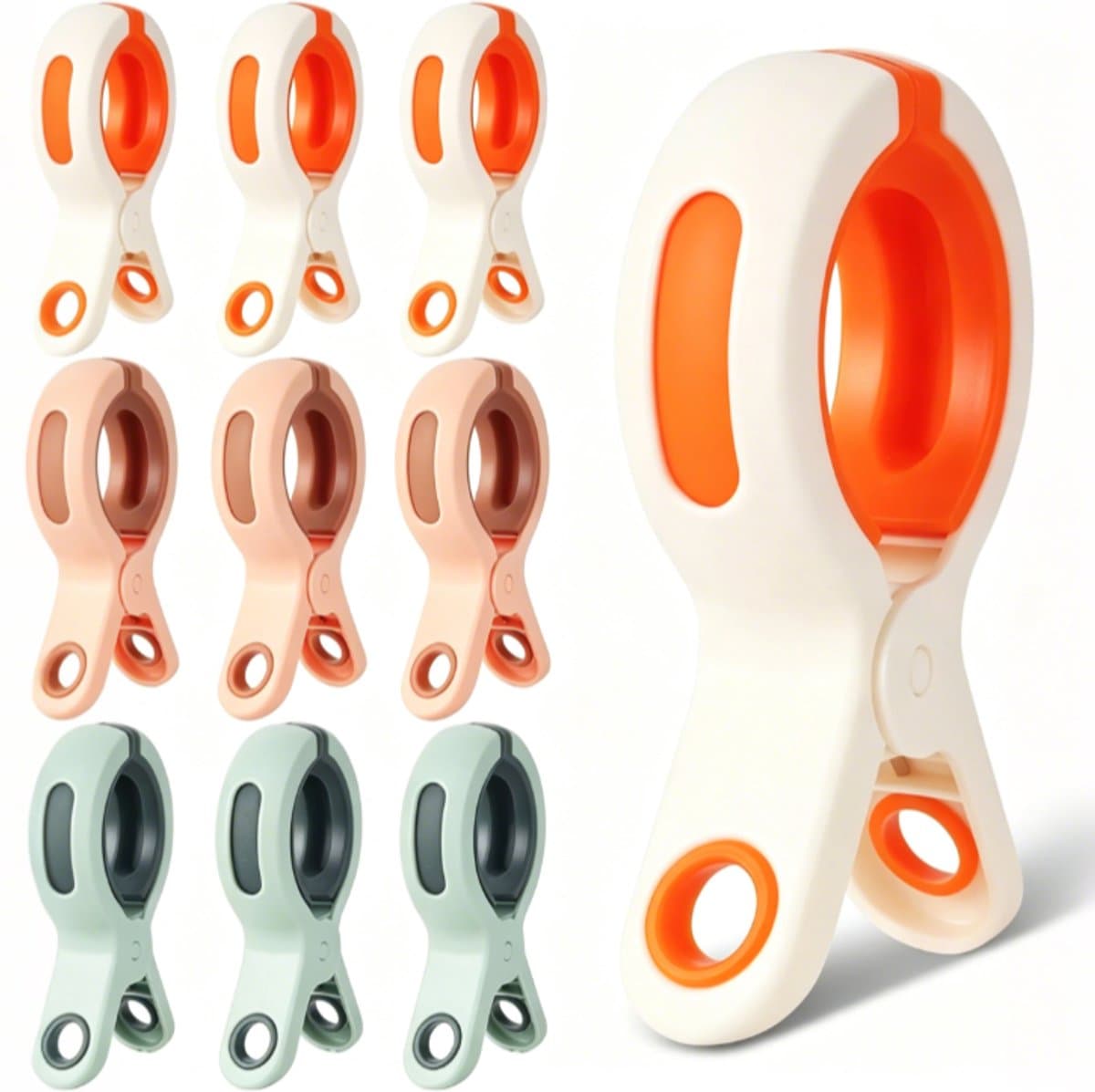 Grote handdoekclips (10 stuks) - Windbestendige strandhanddoekclips - Voor het vastmaken van handdoeken aan strandstoelen - Stevig en duurzaam - Veelzijdig, ook geschikt voor badkamers en wasruimtes - Oranje + Roze + Groen — afbeelding 1