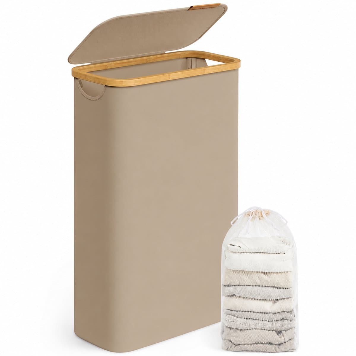 AALVERO - Wasmand - Wasbox - Wasmand met deksel - Ruimtebesparend - Uitneembare waszak - 65L - Oxford stof - Bamboe - Camel Bruin — afbeelding 1