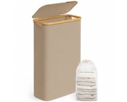 AALVERO - Wasmand - Wasbox - Wasmand met deksel - Ruimtebesparend - Uitneembare waszak - 65L - Oxford stof - Bamboe - Camel Bruin