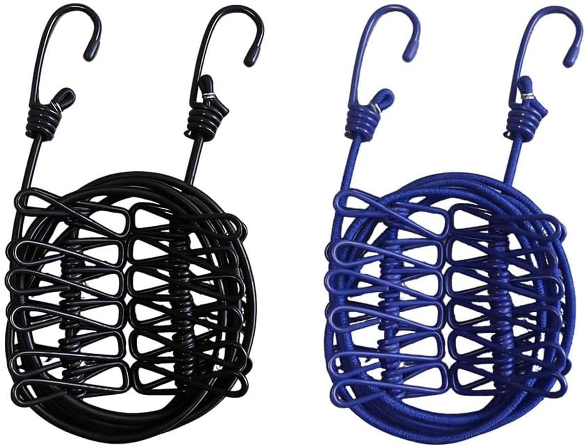 2 Stuks Reiswaslijn, Elastische Waslijn, Draagbare Waslijn, Campingwaslijn, Outdoor-drooglijn Elastisch, met 12 Klemmen, voor Binnen en Buiten, Camping, Wasdrogen Buiten (Zwart, Donkerblauw) — afbeelding 1