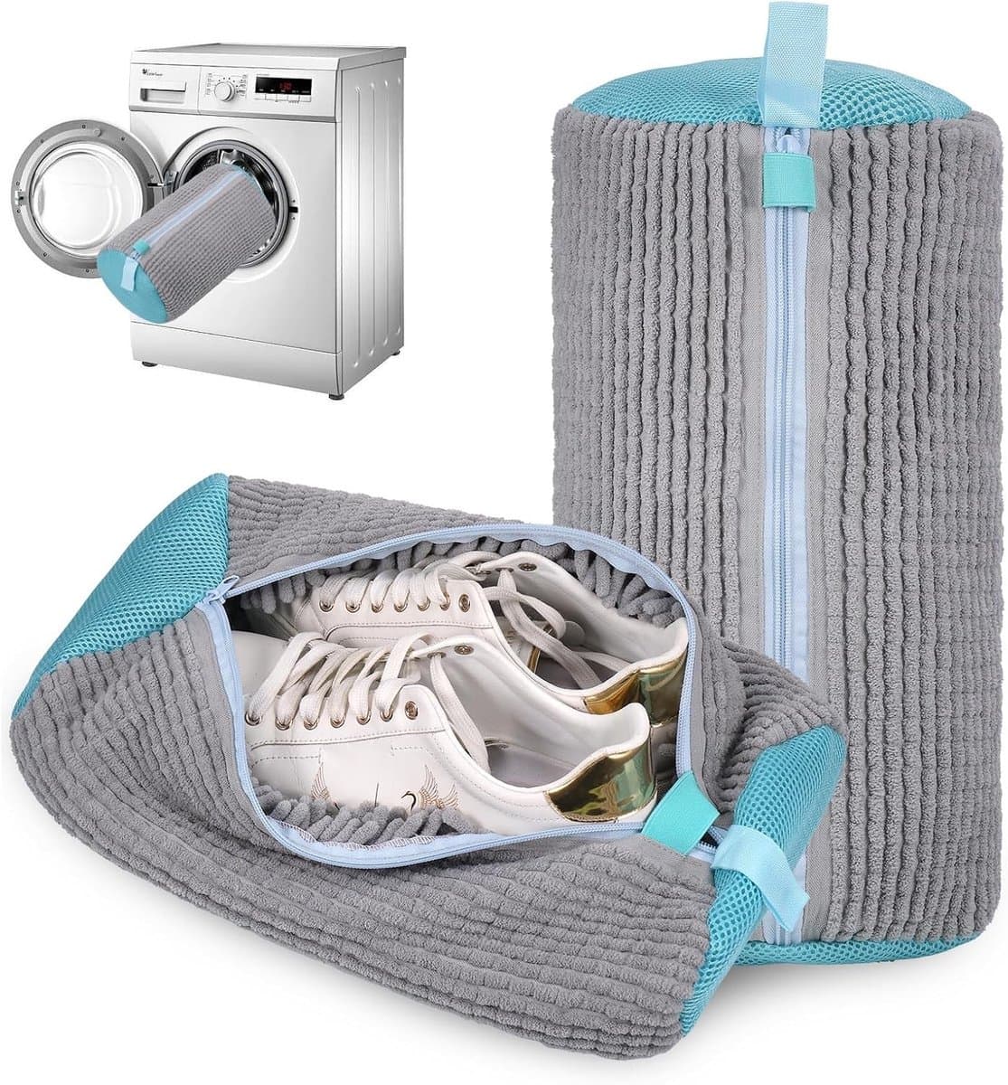 Waszak voor schoenen, herbruikbare waszak voor de wasmachine, 360° reiniging, grijs, 2 stuks, ideaal voor sneakers en sportschoenen — afbeelding 1