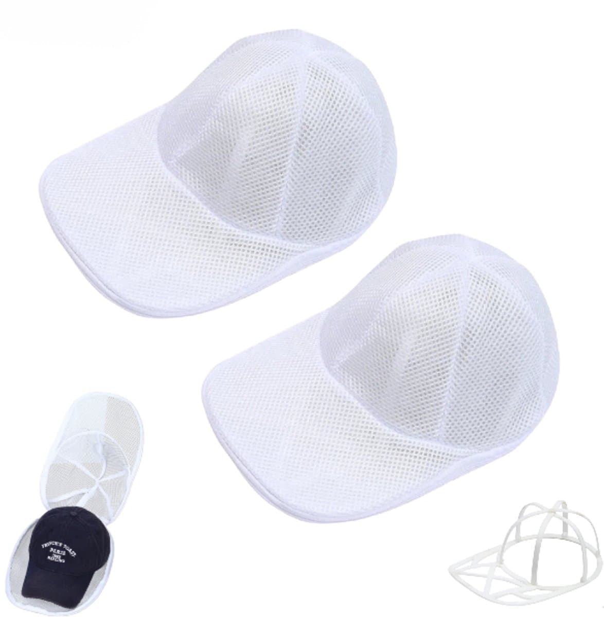 2 stuks - Mesh pettenwasbeschermer - Pettenwaszak - Pettenwasmand - Pettentas - Wit - Met standaard - Vormvast - Machinewasbaar - Geschikt voor alle maten baseballpetten met platte en gebogen bovenkant - Wasbaar in de wasmachine — afbeelding 1