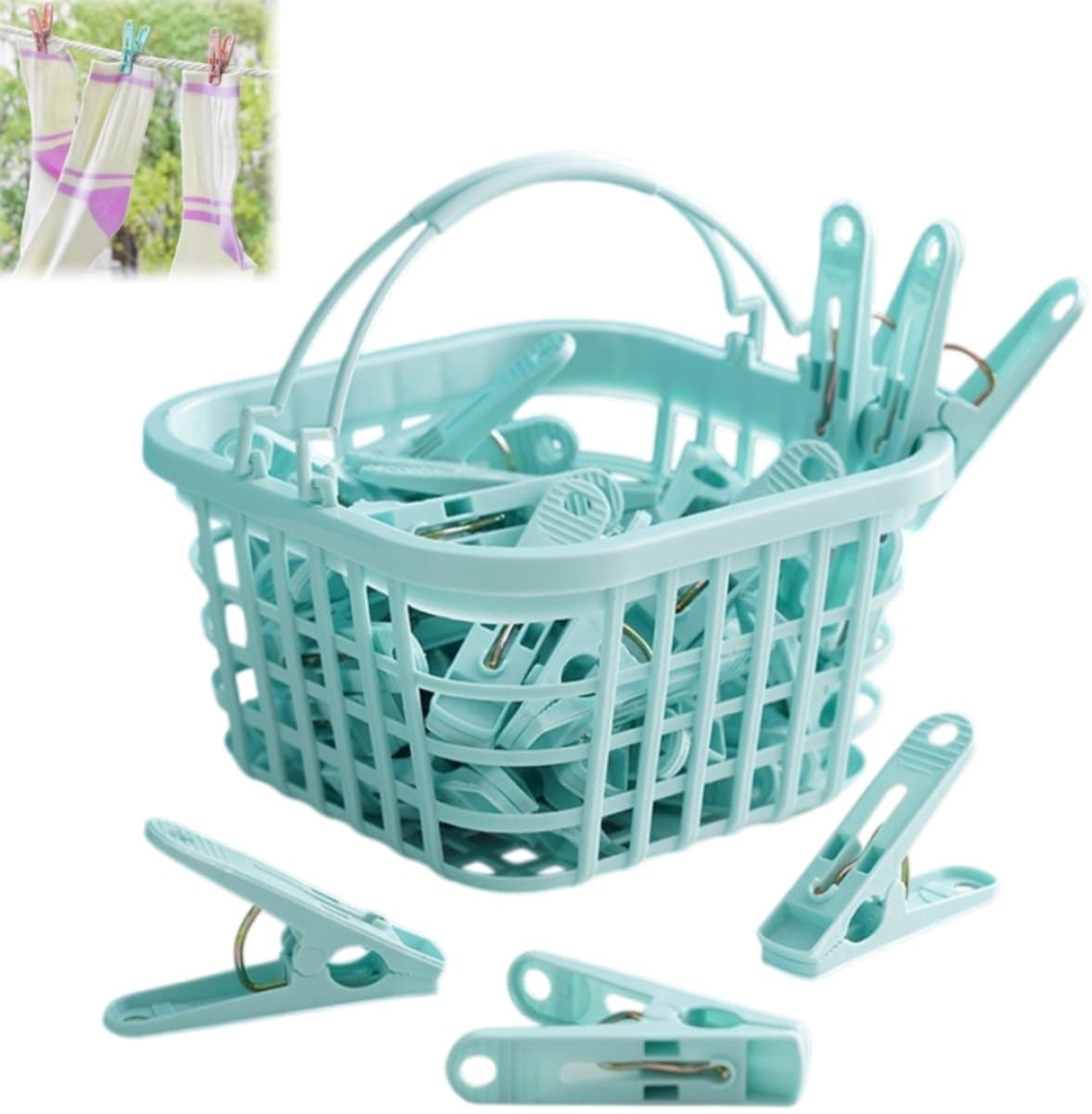 30 stuks-Wasknijpers - Sokkenclips - Droogclips - Clips - Met opbergmandje - Kledingaccessoires - Geschikt voor het drogen van handdoeken, sokken en ondergoed - blauw-Clips 5,2*1,2 cm - Mandje 9*9*6,5 cm — afbeelding 1