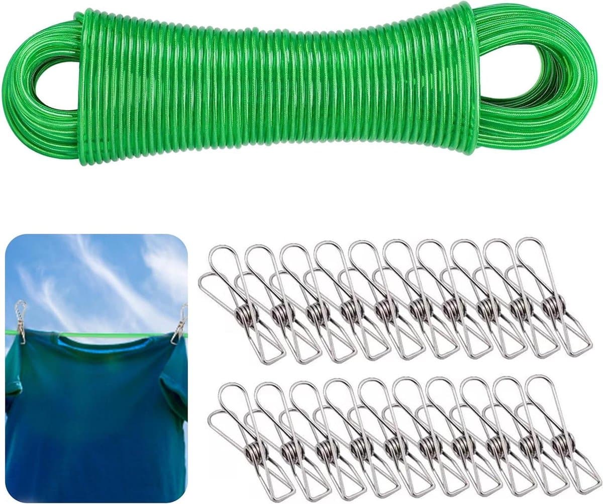 Waslijn met Clips - Drooglijn Buiten - Kleding Drogen - Roestvrij Staal Kern - 30 Meter Lengte - Groen — afbeelding 1