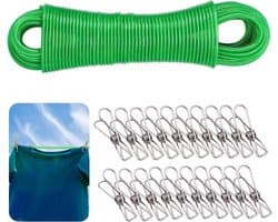 Waslijn met Clips - Drooglijn Buiten - Kleding Drogen - Roestvrij Staal Kern - 30 Meter Lengte - Groen