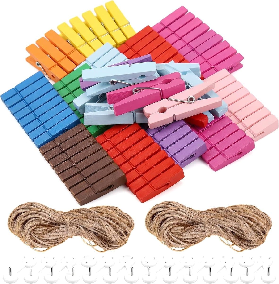 SnelShoppen - 100 Stuks Mini Houten Kledingknijpers voor Foto's, Kleurige Mini Klemmen met 10m Jute Touw voor Creatieve Fotocollages, Postkaarten en C — afbeelding 1