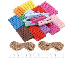 SnelShoppen - 100 Stuks Mini Houten Kledingknijpers voor Foto's, Kleurige Mini Klemmen met 10m Jute Touw voor Creatieve Fotocollages, Postkaarten en C
