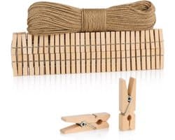Wasknijpers en 50 m jute touw, kleine houten knijpers als decoratie voor foto's, collages, ansichtkaarten, foto's & geluksgeschenken (120 stuks - met jute lint - naturel)