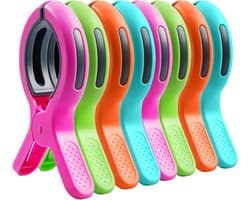 8 stuks grote strandhanddoekclips, 10 cm wasknijpers, extra sterk, winddichte wasclips voor strandstoelen, voorkomen dat je handdoek wegwaait, 4 heldere kleuren